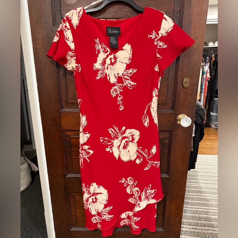 Red Dress with Cream Floral Design